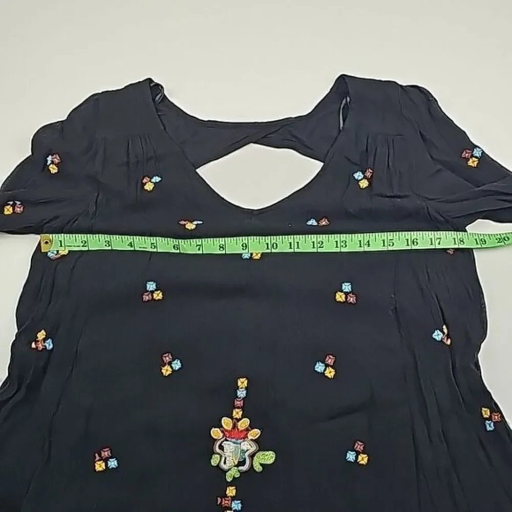 Free People Black Oxford Embroidered Long Sleeve Back Cut Out‎ Mini Dress Size S